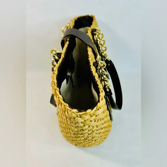Michael Kors Santorini Raffia Woven Handbag Tote, Brown Leather/Gold Chain Strap - Picture 6 of 15